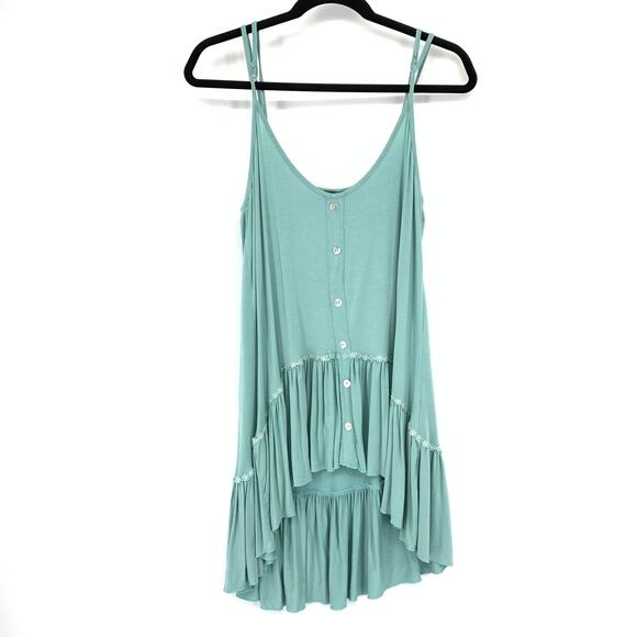 POL High Low Ruffle Hem Tank Top Womens Size Medium Blue Button Front Detail - Picture 1 of 6